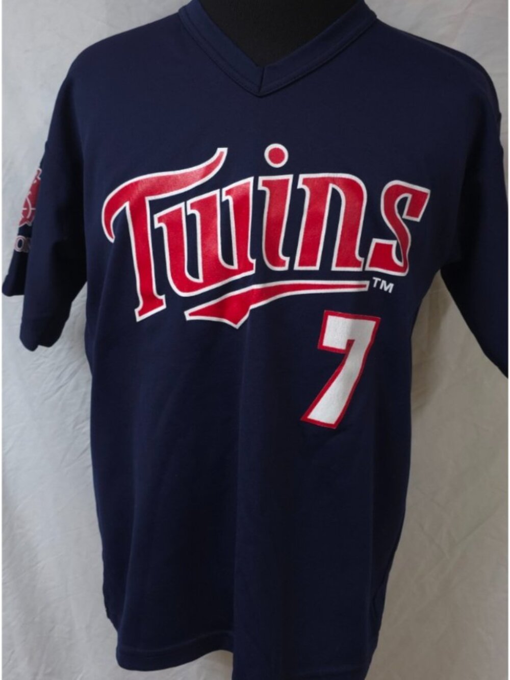 VTG Park Antony Minnesota Twins Joe Mauer #7 Navy V-Neck Jersey Sz L Made In USA